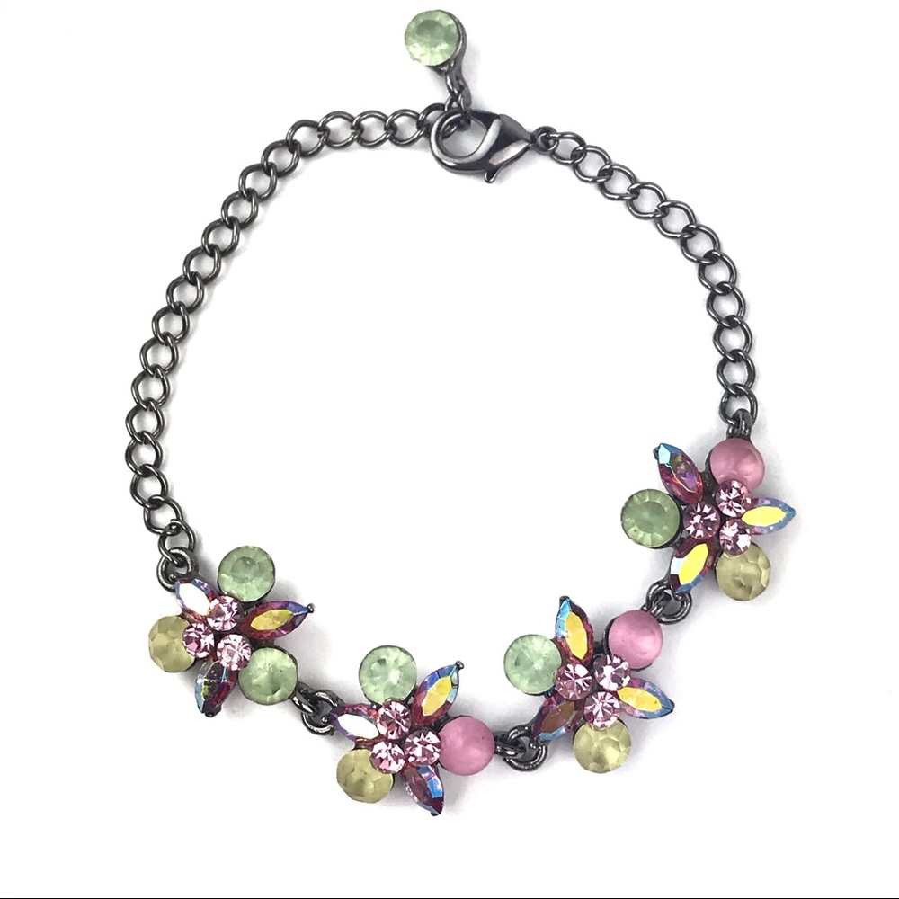 SNK Crystal Rhinestones Floral Bracelet Pink Green